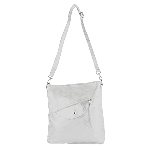 modamoda de - T223 - ital. Umhängetasche Schultertasche Medium aus Leder, Farbe:Silber-Metallic von modamoda de