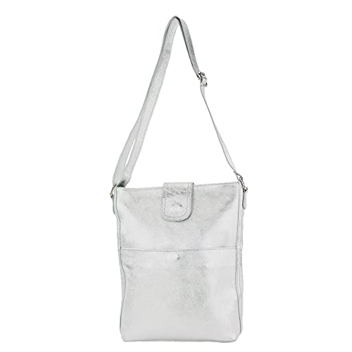 modamoda de - T224 - ital. Umhängetasche Schultertasche Medium aus Leder, Farbe:Silber-Metallic von modamoda de