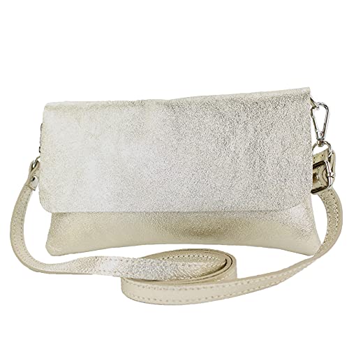 modamoda de T226 Damen Leder Clutch Umhängetasche Abendtasche Small handmade in Italy, Farbe:Lightgold Metallic von modamoda de
