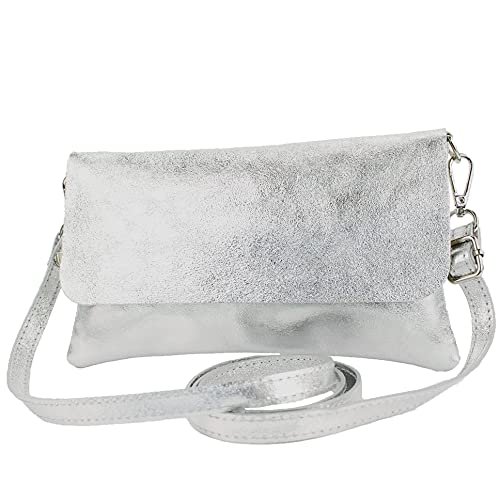 modamoda de T226 Damen Leder Clutch Umhängetasche Abendtasche Small handmade in Italy, Farbe:Silber-Metallic von modamoda de