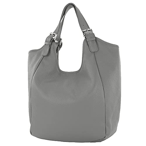 modamoda de - T227 - Ital. Shopper Schultertasche Large aus Leder, Farbe:Graphitgrau von modamoda de