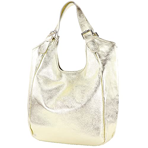 modamoda de - T227 - Ital. Shopper Schultertasche Large aus Leder, Farbe:Lightgold Metallic von modamoda de