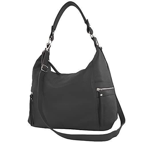 modamoda de - T229 - ital Schultertasche Shopper aus Leder, Farbe:Schwarz von modamoda de