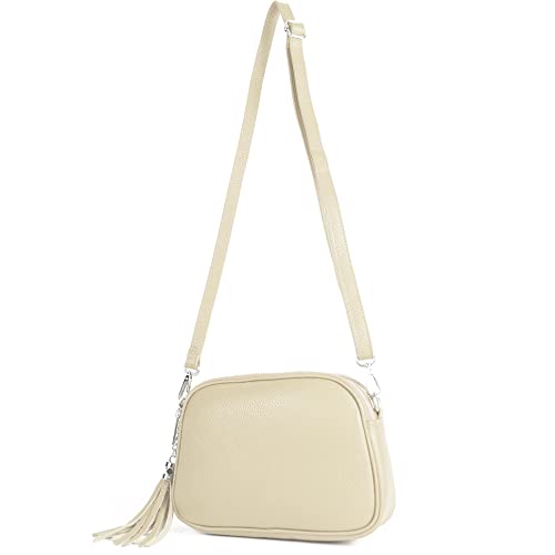 modamoda de - T238 - ital. Damen Umhängetasche Leder Medium, Farbe:Creme von modamoda de