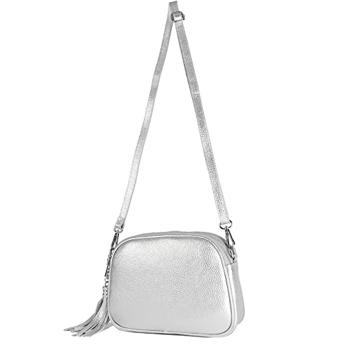 modamoda de - T238 - ital. Damen Umhängetasche Leder Medium, Farbe:Silber-Metallic von modamoda de