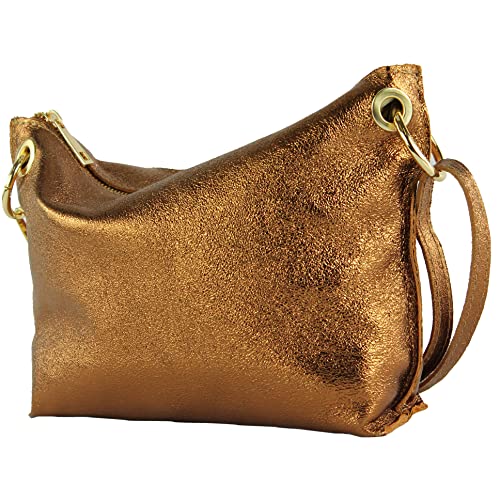 modamoda de - T243 - ital. Umhängetasche Klein Small aus Leder, Farbe:Bronze-Metallic von modamoda de