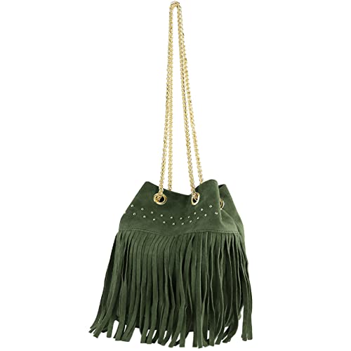 modamoda de T244 Damen Schultertasche Wildleder mit Fransen und Goldkette handmade in Italy, Farbe:Flaschengrün modamoda de T244 Damen Schultertasche Wildleder mit Fransen und Goldkette handmade in Italy, Farbe:Flaschengrün von modamoda de
