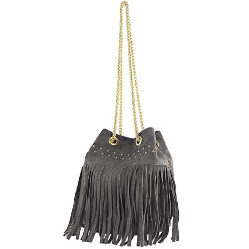 modamoda de T244 Damen Schultertasche Wildleder mit Fransen und Goldkette handmade in Italy, Farbe:Graphitgrau modamoda de T244 Damen Schultertasche Wildleder mit Fransen und Goldkette handmade in Italy, Farbe:Graphitgrau von modamoda de
