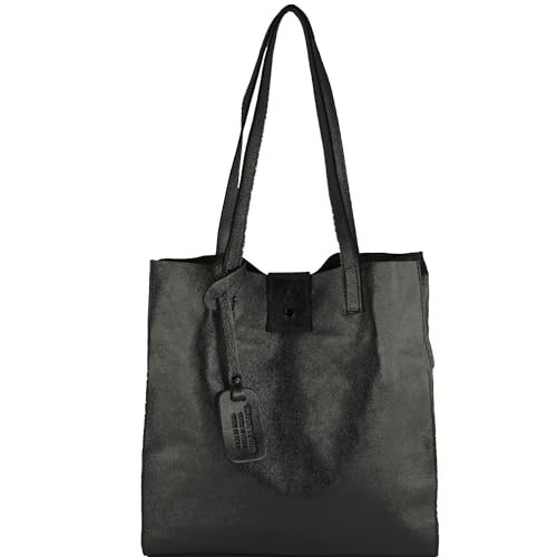 modamoda de - T247 - Ital. Leder Shopper mit herausnehmbarer Innentasche, Farbe:Schwarz-Metallic von modamoda de