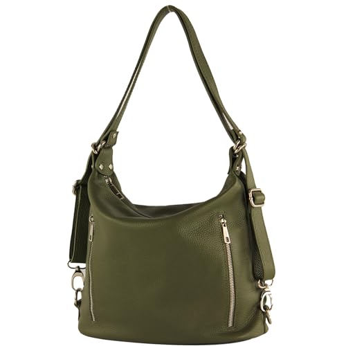 modamoda de T249 Damen Rucksack Schultertasche 2 in 1 aus Leder handmade in Italy, Farbe:Olivgrün von modamoda de