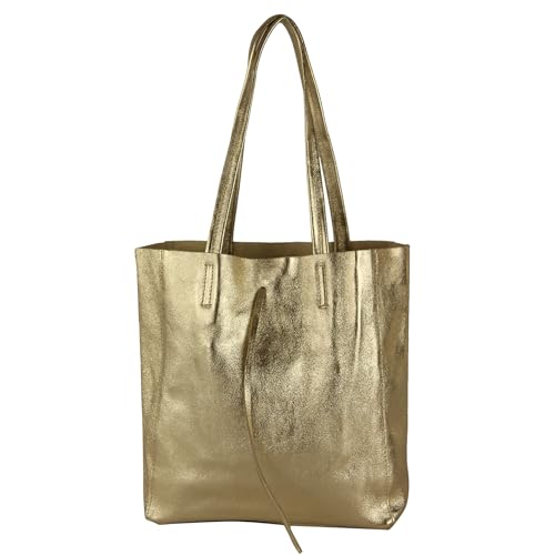 modamoda de - T253 - Ital. Henkeltasche mit Innentasche aus Leder, Farbe:Lightgold Metallic von modamoda de