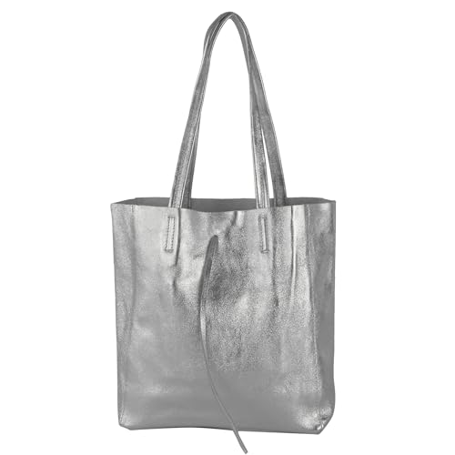 modamoda de - T253 - Ital. Henkeltasche mit Innentasche aus Leder, Farbe:Silber-Metallic von modamoda de