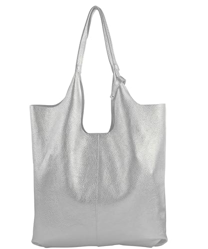 modamoda de T264 Damen Leder Schultertasche Shopper, handgefertigt in Italien, 40x3x35 cm, mit abnehmbarer Innentasche, weiches Leder, Farbe:Silber-Metallic von modamoda de