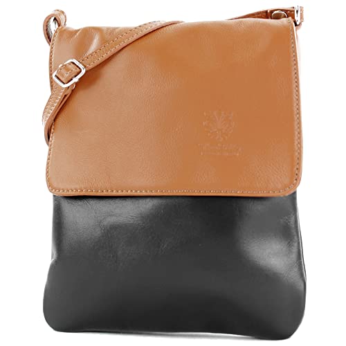 modamoda de - T34 - ital Damen Umhängetasche Schultertasche Klein, Farbe:Schwarz/Cognac von modamoda de