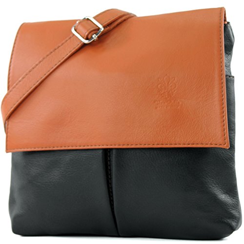 modamoda de - T63 - ital Umhängetasche Schultertasche Nappaleder, Farbe:Schwarz/Cognac von modamoda de