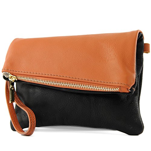 modamoda de - T95 - ital Handgelenktasche aus Nappaleder Mini, Farbe:Schwarz/Camel von modamoda de