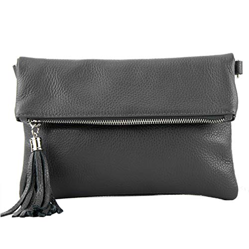 modamoda de - T167 - ital Clutch Umhängetasche Leder Klein, Farbe:Anthrazitgrau von modamoda de