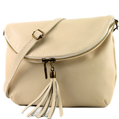 modamoda de - T07 - ital. Umhänge Clutch Klein Nappaleder, Farbe:Cremebeige von modamoda de