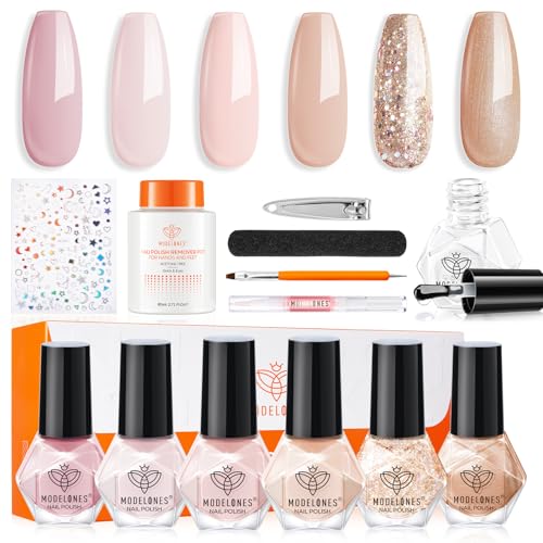 MODELONES Komplettes Nagellack Set, Nagellack Schnelltrocknend Herbst Glitter Nude Braun Rosa R mit Base Coat Top Coat und Nagellackentferner und Sticker für DIY Salon Geschenk für Frauen Mädchen von modelones