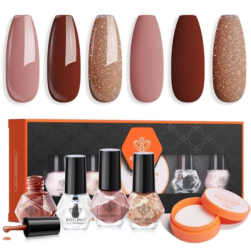MODELONES Nagellack, 3 Farben Braun Nude Glitter Herbst Nagellack Schnelltrocknend Set, Base Coat Top Coat und Remover Cotton Neutral Skin Tone für DIY Salon Geschenk für Frauen Mädchen von modelones