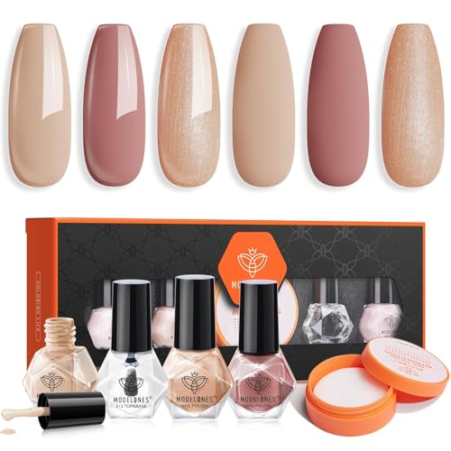 MODELONES Nagellack, 3 Farben Nude Glitter Braun Herbst Nagellack Schnelltrocknend Set mit Base Coat Top Coat und Remover Cotton Neutral Skin Tone für DIY Salon Geschenk für Frauen Mädchen von modelones