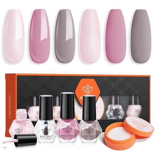 MODELONES Nagellack, 3 Farben Nude Grau Nagellack Schnelltrocknend Set, Base Coat und Remover Cotton Neutral Skin Tone für DIY Salon Geschenk für Frauen Mädchen von modelones