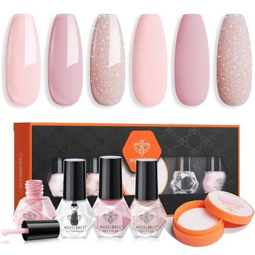 MODELONES Nagellack 3 Farben Nude Rosa Glitter Herbst nagellack schnelltrocknend Set, Nagellack mit Base Coat Top Coat und Remover Cotton Neutral Skin Tone für DIY Salon Geschenk für Frauen Mädchen von modelones