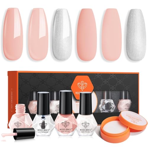 MODELONES Nagellack 3 Farben Rosa Nude Glitter Herbst nagellack schnelltrocknend Set, Nagellack mit Base Coat Top Coat und Remover Cotton Neutral Skin Tone für DIY Salon Geschenk für Frauen Mädchen von modelones