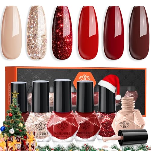 MODELONES Nagellack 6 PCS, Nagellack Schnelltrocknend Rot Nude Glitzer 6 Farben, Nagellack Ungiftig Auf Wasserbasis, Langanhaltender Nagellack für DIY Salon Geschenk für Frauen Mädchen Maniküre Salon von modelones