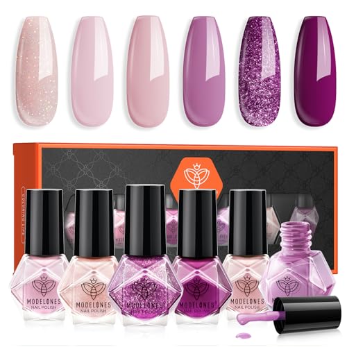 MODELONES Nagellack 6 Stück - Schnelltrocknend Rosa Lila Glitzer, Ungiftig Auf Wasserbasis, Langanhaltend für DIY Salon - Geschenk für Frauen Mädchen von modelones