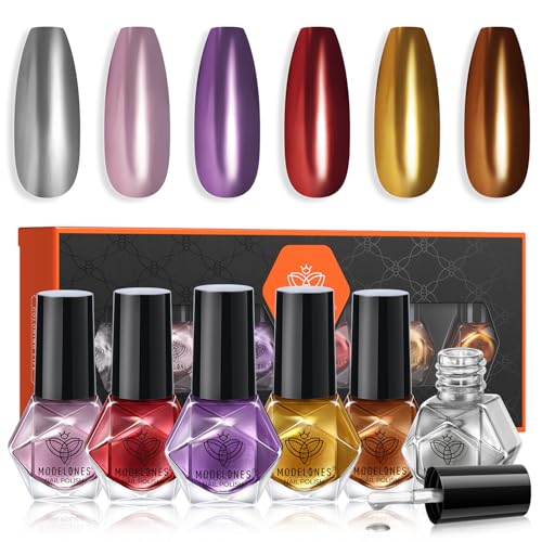 MODELONES Nagellack 6 Pcs, Nagellack Schnelltrocknend Rosa Rot Gold Silber Lila Chrom, Nagellack Ungiftig Auf Wasserbasis, Langanhaltender Nagellack für DIY Salon Geschenk für Frauen Mädchen von modelones