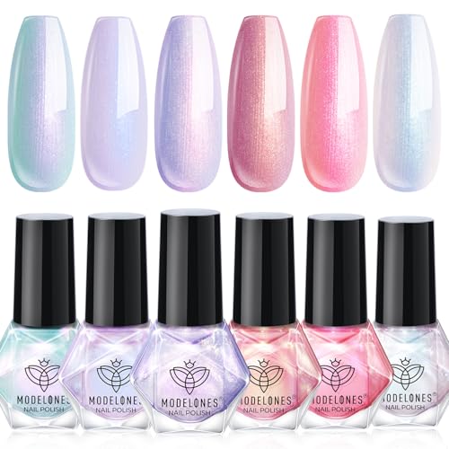 MODELONES Nagellack Set, 6 Farben Nagellack Schnelltrocknend Rosa Lila Weiß Grün Perle Aurora Sommer Nail Polish Set, Langanhaltender Gel Polish Set für DIY Salon Geschenk Maniküre von modelones