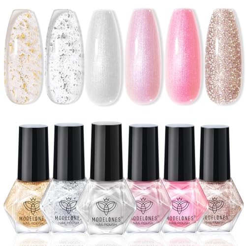 MODELONES Nagellack Glitzer, 6 Farben Nagellack Schnelltrocknend Rosa Silber Gold Klar Glitzer Sommer Nail Polish Set Langanhaltender Gel Polish Set für DIY Salon Geschenk ManiküreAuf Wasserbasis von modelones