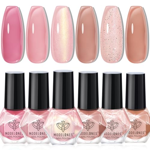 MODELONES Nagellack Set 6 PCS, Nagellack Schnelltrocknend Jelly Nude Rosa, Nail Polish Set Ungiftig Auf Wasserbasis, Langanhaltender Gel Polish für DIY Salon Geschenk für Frauen Mädchen von modelones
