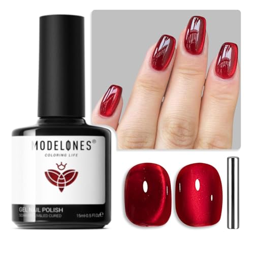MODELONES UV Nagellack Cat Eye 15 ML, Rot mit Magnet, Rot Cat Eye Uv Gel, Glitter Silver Off Reflective Translucent Gel Magnetic Nagellack für Frauen und Mädchen von modelones