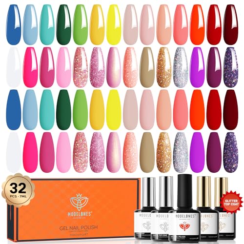 Modelones 32Pcs Uv Nagellack Set, 28 Farben Gel Nagellack mit Base Coat, Matte& Glossy& Glitter Top Coat, Pink Rose Nude Rot Green Color Gel Polish Set Soak Off Starter Nail Gel Kit Manicure Gift, 7ml von modelones