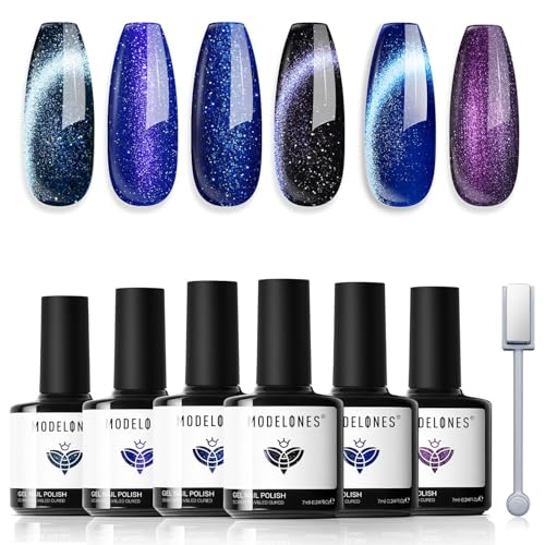 Modelones Cat Eye UV Gel Nagellack Magnet 6 Farbe Gel Nagellack Nail Polish Manicure Soak Off UV Nägel Gellack für Nail Art - Chamäleon Blau Schwarz Lila von modelones