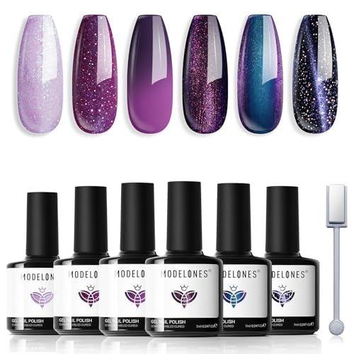 Modelones Cat Eye UV Gel Nagellack Magnet 6 Farbe Gel Nagellack Nail Polish Manicure Soak Off UV Nägel Gellack für Nail Art - Galaxie-Lila Sternenhimmel-Schwarz von modelones