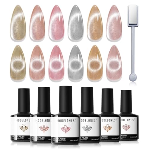 Modelones Cat Eye UV Gel Nagellack Magnet 6 Farbe Gel Nagellack Nail Polish Manicure Soak Off UV Nägel Gellack für Nail Art - Rosa Nude Silber Gelb von modelones