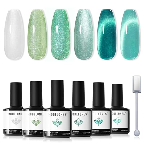 Modelones Cat Eye UV Gel Nagellack Magnet 6 Farbe Gel Nagellack Nail Polish Manicure Soak Off UV Nägel Gellack für Nail Art - Weiß Grün Minze von modelones