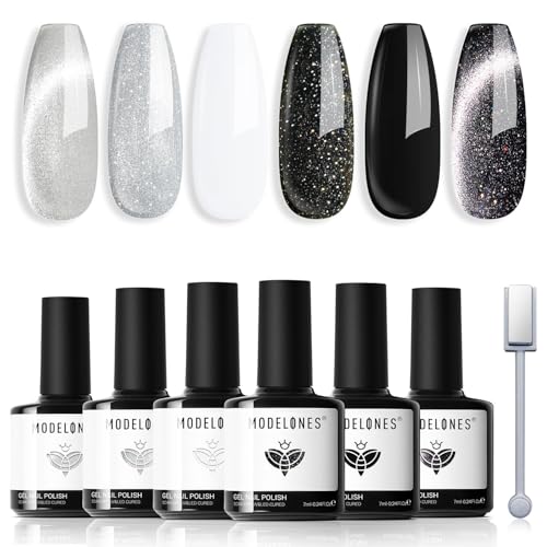 Modelones Cat Eye UV Gel Nagellack Magnet 6 Farbe Gel Nagellack Nail Polish Manicure Soak Off UV Nägel Gellack für Nail Art - Weiß Silber Schwarz von modelones