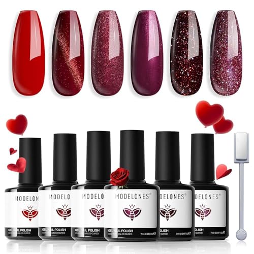 Modelones Cat Eye UV Gel Nagellack Magnet 6 Farbe Rot Glitzer Gel Nagellack Nail Polish Manicure Soak Off UV Nägel Gellack für Nail Art von modelones