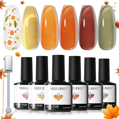 Modelones Cat Eye UV Gel Nagellack Magnet Herbst 6 Farbe Gel Nagellack Nail Polish Manicure Soak Off UV Nägel Gellack für Nail Art - Glitzer Bernstein Grün von modelones