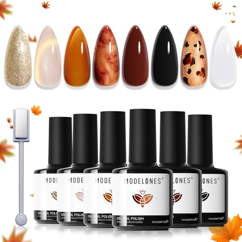 Modelones Cat Eye UV Gel Nagellack Magnet Herbst 5 Farbe mit Clear Blooming Gel Nagellack Set Nail Polish Manicure Soak Off UV Nägel Gellack für Nail Art - Glitzer Bernsteinbraun, Braun, Schwarz von modelones