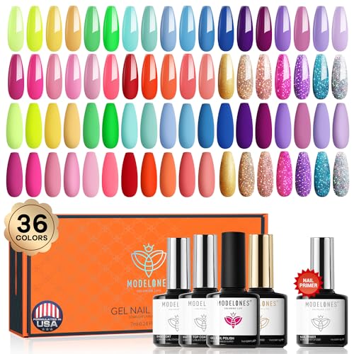 modelones UV Nagellack Set 40 PCS, 36 Farben Neon Pink Rot Glitzer Rosa Grün Blau Gelb Gel Lack, Nail Polish,Gellack für Nagelstudio Design Base& Matt& Glitter& Top Coat Nail Art Maniküre von modelones