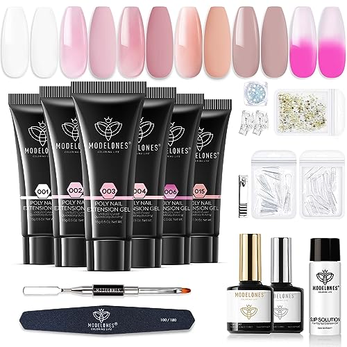 Modelones Polygel Set mit Weiß Rosa Nude 6 Farben Thermo Polygel Starter Set Poly Nägel Extension Gel Maniküre Set und Base Top Coat Acrylnägel Slip Solution fur Gelnägel Selber Machen Valentinstag von modelones
