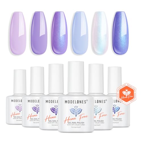 Modelones UV Nagellack, 6 Farben Violett Babyblau Pearl Weiß Glitzer Hema-free Gel Nagellack UV Lack Gellack Set Gelnägel für Soak Off Gel Nail Polish French Manicure Nail Art Nageldesign von modelones