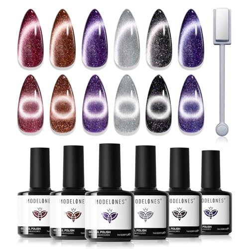 Modelones UV Nagellack,Gel Nagellack UV 6 Cat Eye Gel Farben, Glitzer Rot Braun Lila Schwarz Silber Soak Off Nail Polish French Manicure DIY zu Hause von modelones