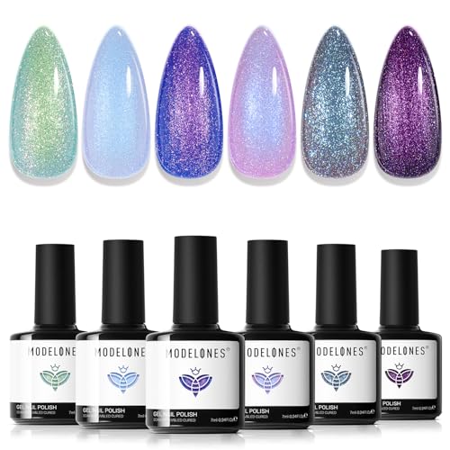 Modelones UV Nagellack,Gel Nagellack UV 6 Chamäleon Farben,Glitzer Grün Blau Lila Rosa für Sommer Soak Off Nail Polish French Manicure DIY zu Hause Geschenke,7 ml von modelones