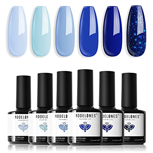 Modelones UV Nagellack Blau, Dunkelblau Glitzer 6 Farben Gellack UV Gel Nagellack Set LED Soak Off Gelnägel Nail Polish für Nail Art Nageldesign von modelones